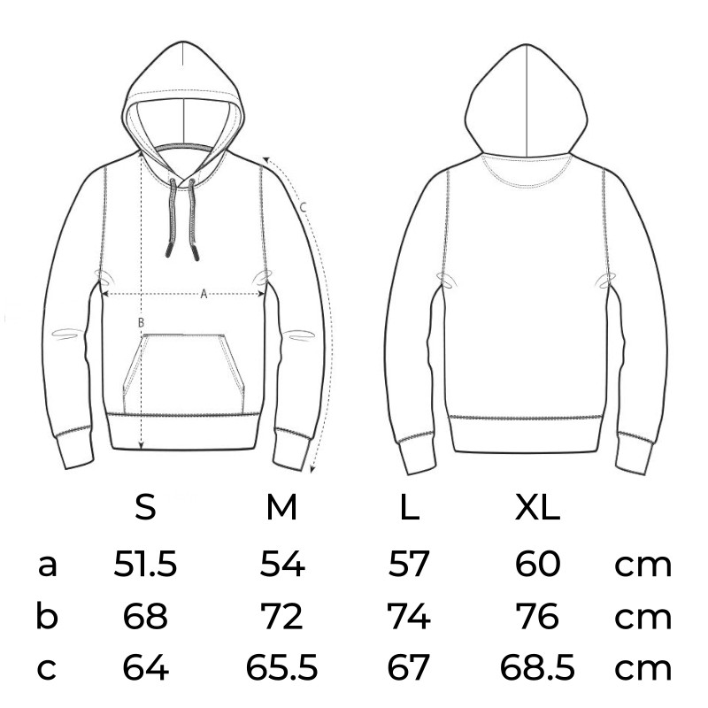 Guía de tallas para las sudaderas unisex de los modelos "Rana" y "Pulpo"